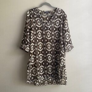 Mix Nouveau Womans Beaded Geometric 3/4 Sleeve V Neck Blouse Top Tunic size L